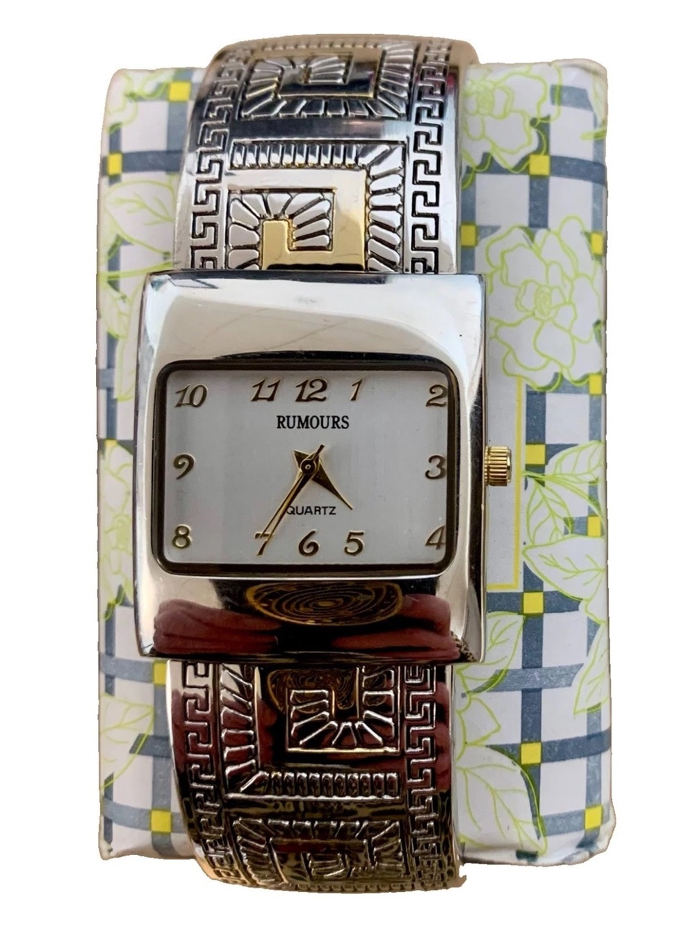 VTG Art Deco Chunky Hinge Cuff Statement Watch Bracelet Greek Key Scroll WORKING